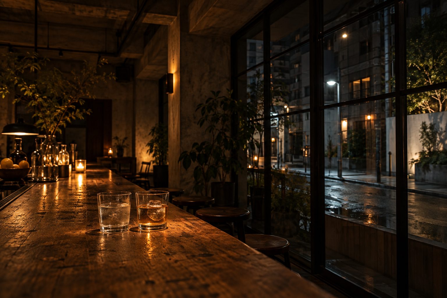 夜のバー。暗い店内のカウンターに低い灯りとグラスが2つ