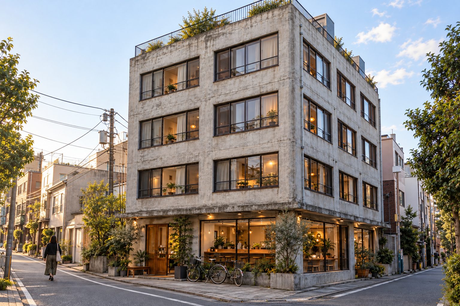 夕方の町角に建つ4階建てのホテル。1階のガラス窓の中にカフェの灯りが見える